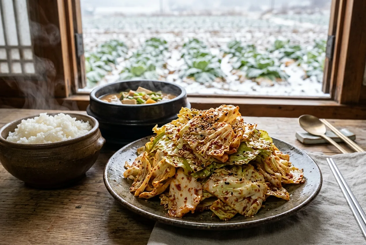 Illustration of Bomdong Geotjeori (Fresh Spring Cabbage Salad Kimchi)