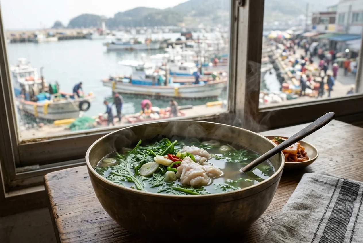 Illustration of Dodari-ssukguk (Flounder and Mugwort Soup)
