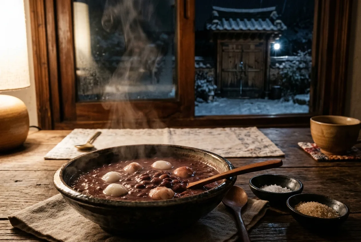 Illustration of Dongji-patjuk (Winter Solstice Red Bean Porridge)