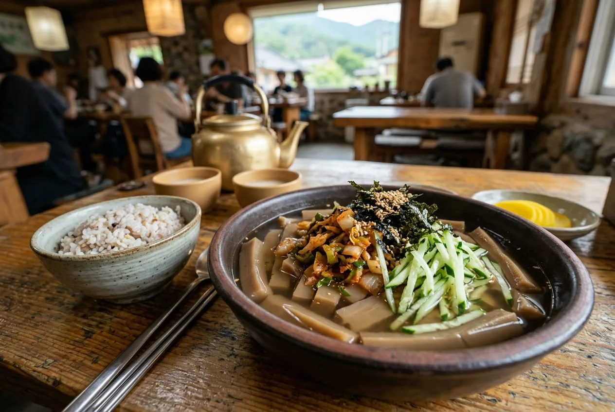 Illustration of Dotorimuk-bap (Acorn Jelly Rice Soup)