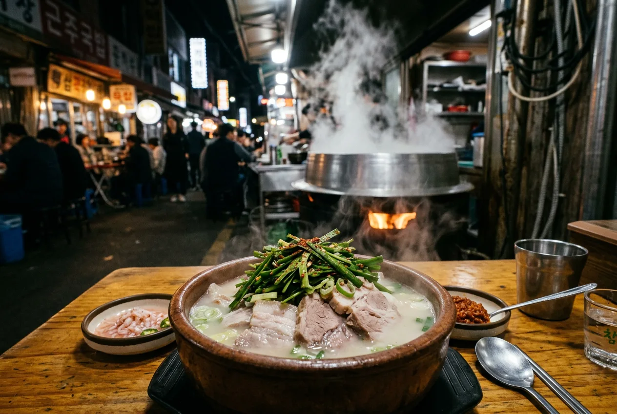 Illustration of Dwaeji Gukbap (Busan Pork Soup with Rice)