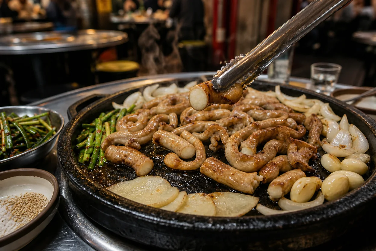 Illustration of Gopchang-gui (Grilled Beef Small Intestines)