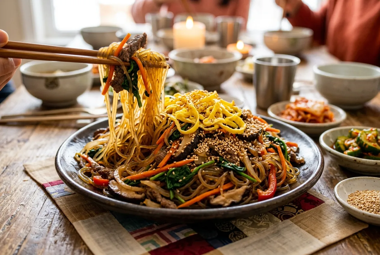 Illustration of Japchae (Stir-fried Glass Noodles)