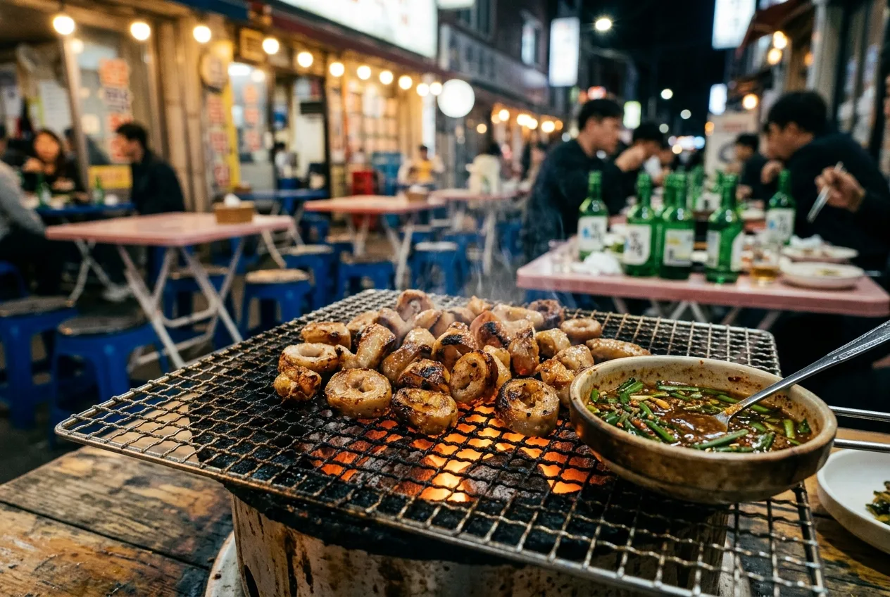 Illustration of Makchang-gui (Grilled Pork Rectum over Briquettes)