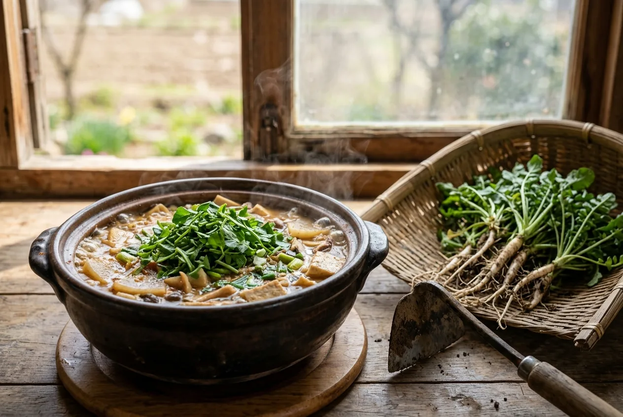 Illustration of Naengi Doenjang-jjigae (Shepherd's Purse Soybean Stew)