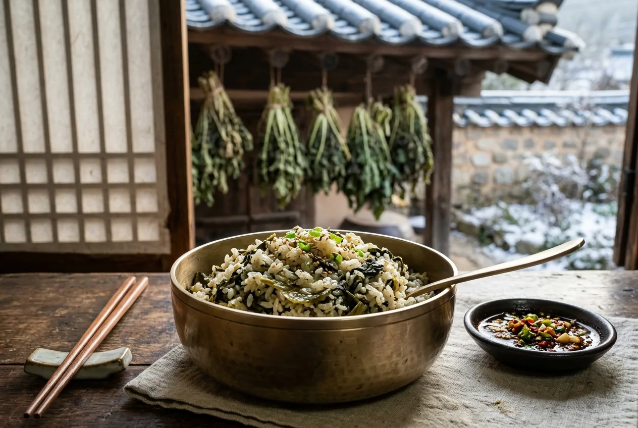Illustration of Siraegi-bap (Dried Radish Green Rice)