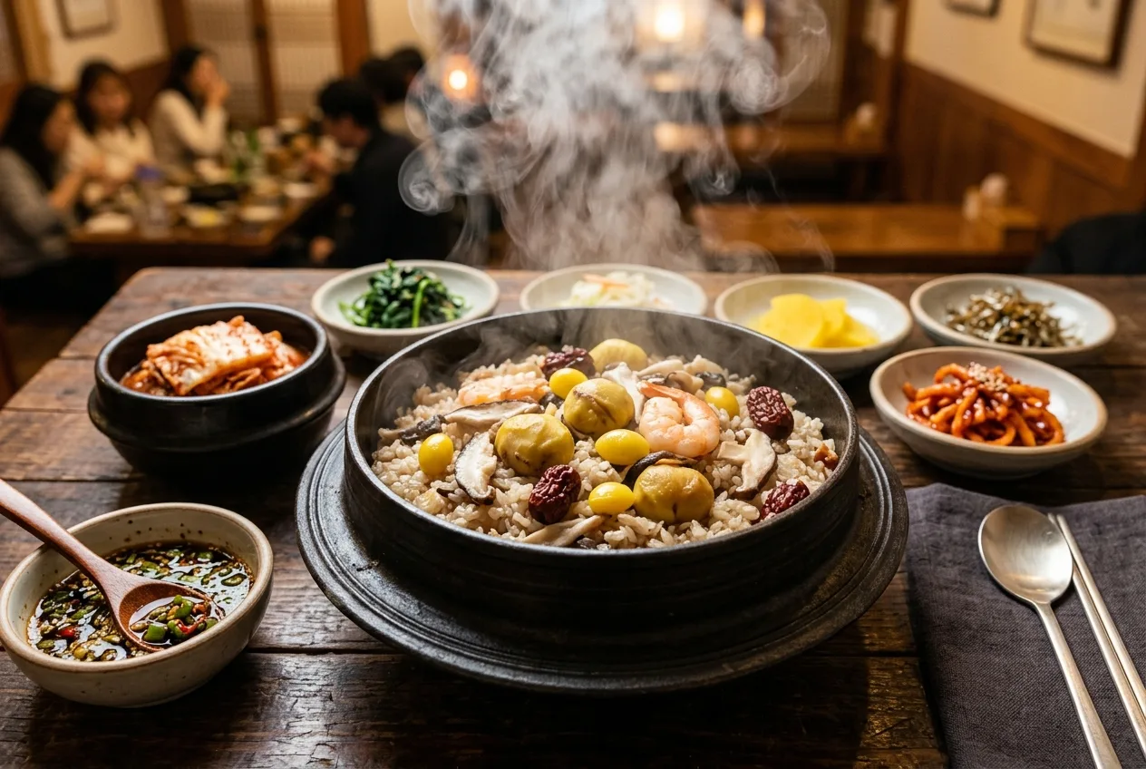 Illustration of Sotbap (Pot Rice with Nuts and Jujubes)