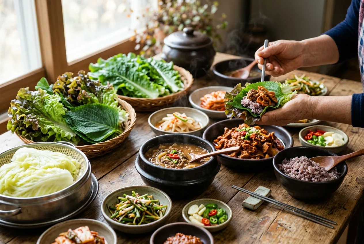 Illustration of Ssambap (Rice and Leaf Wraps)