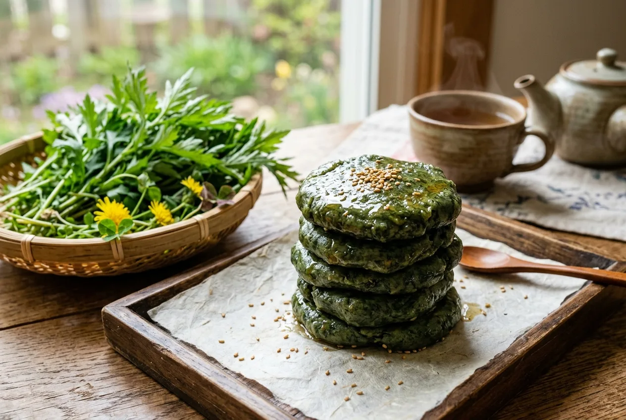 Illustration of Ssuk-gaetteok (Mugwort Rice Cake)