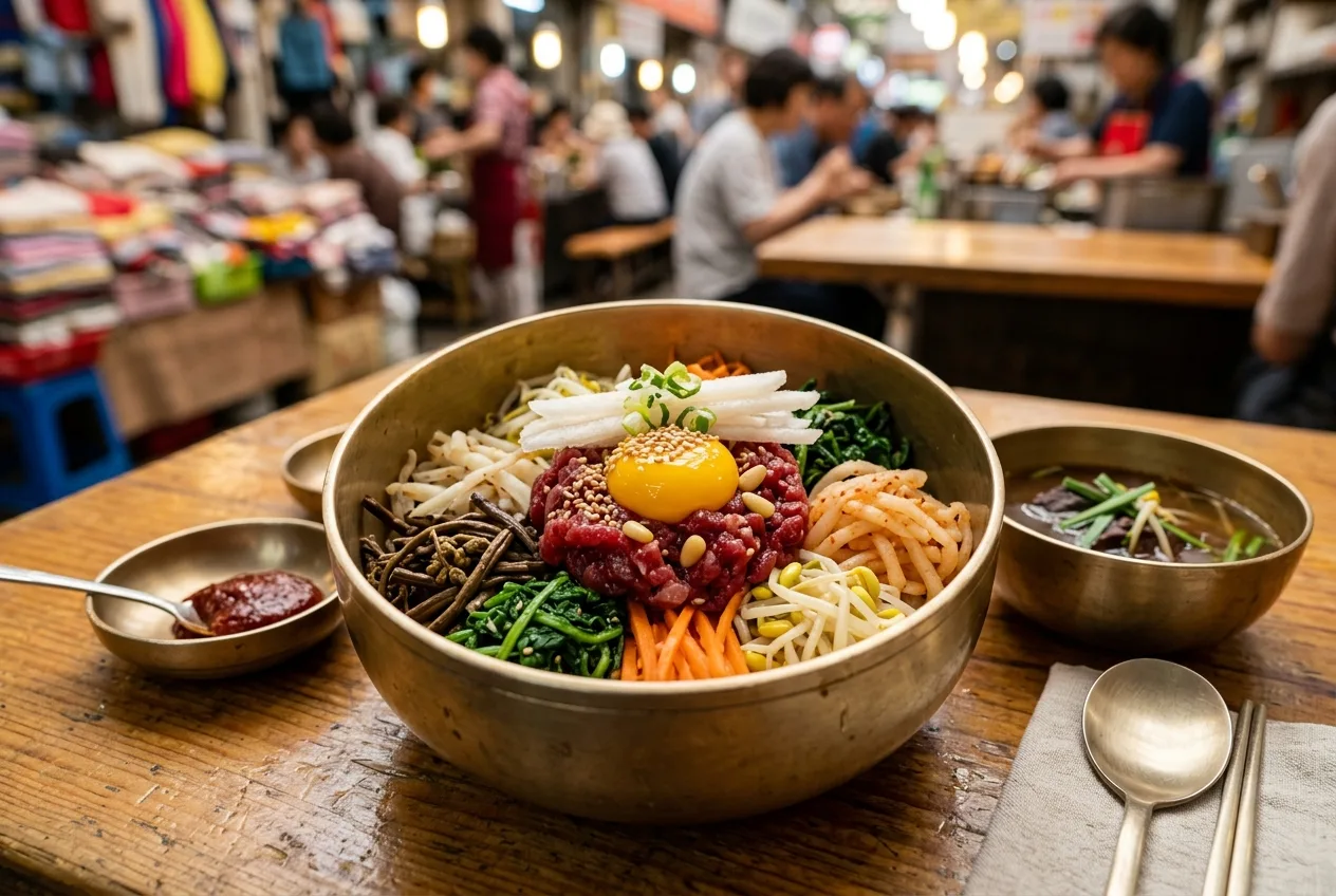 Illustration of Yukhoe-bibimbap (Beef Tartare Bibimbap)