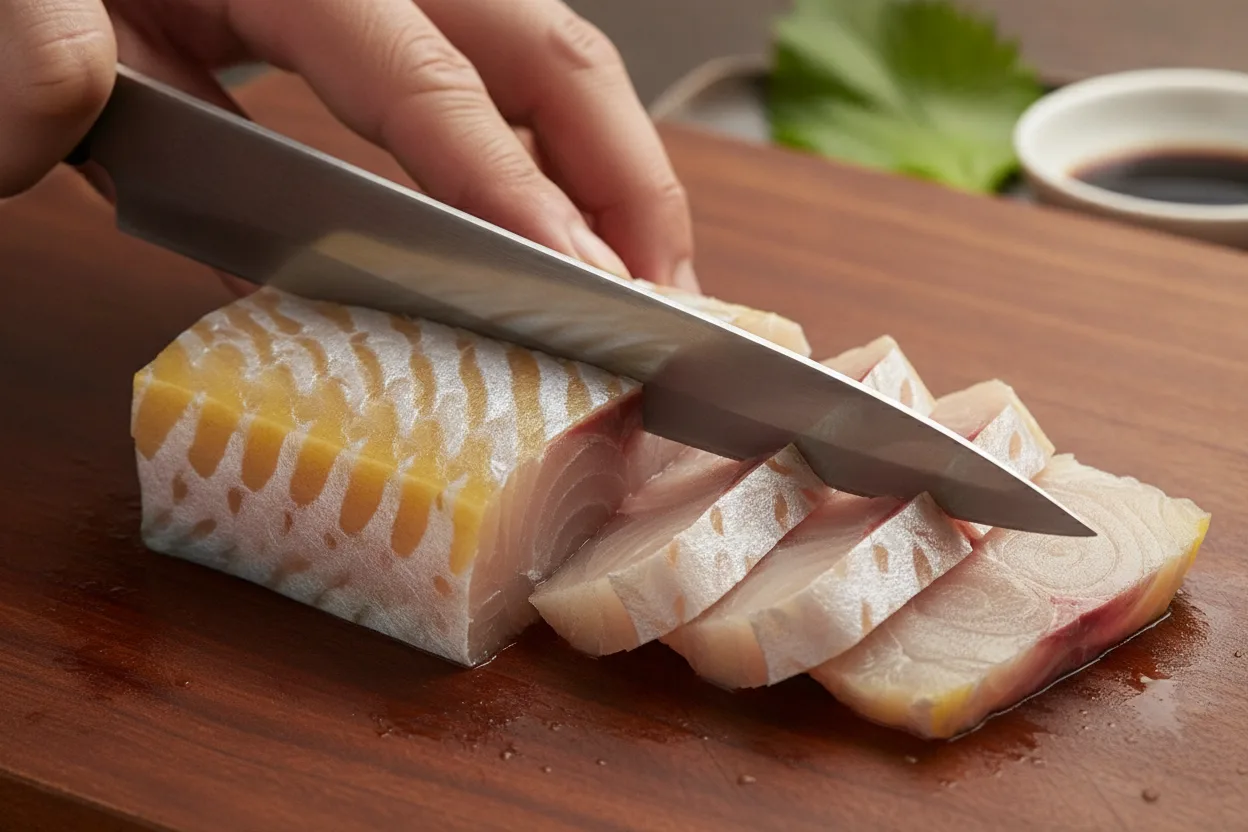 방어회 조리 3단계: 두툼하게 썰기