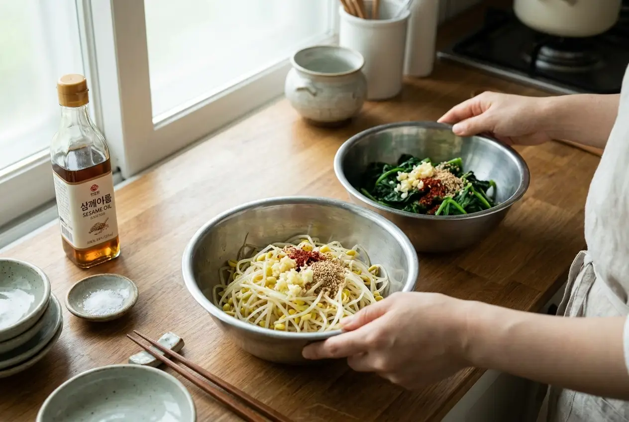 비빔밥 조리 1단계: 나물 데쳐 따로따로 무치기