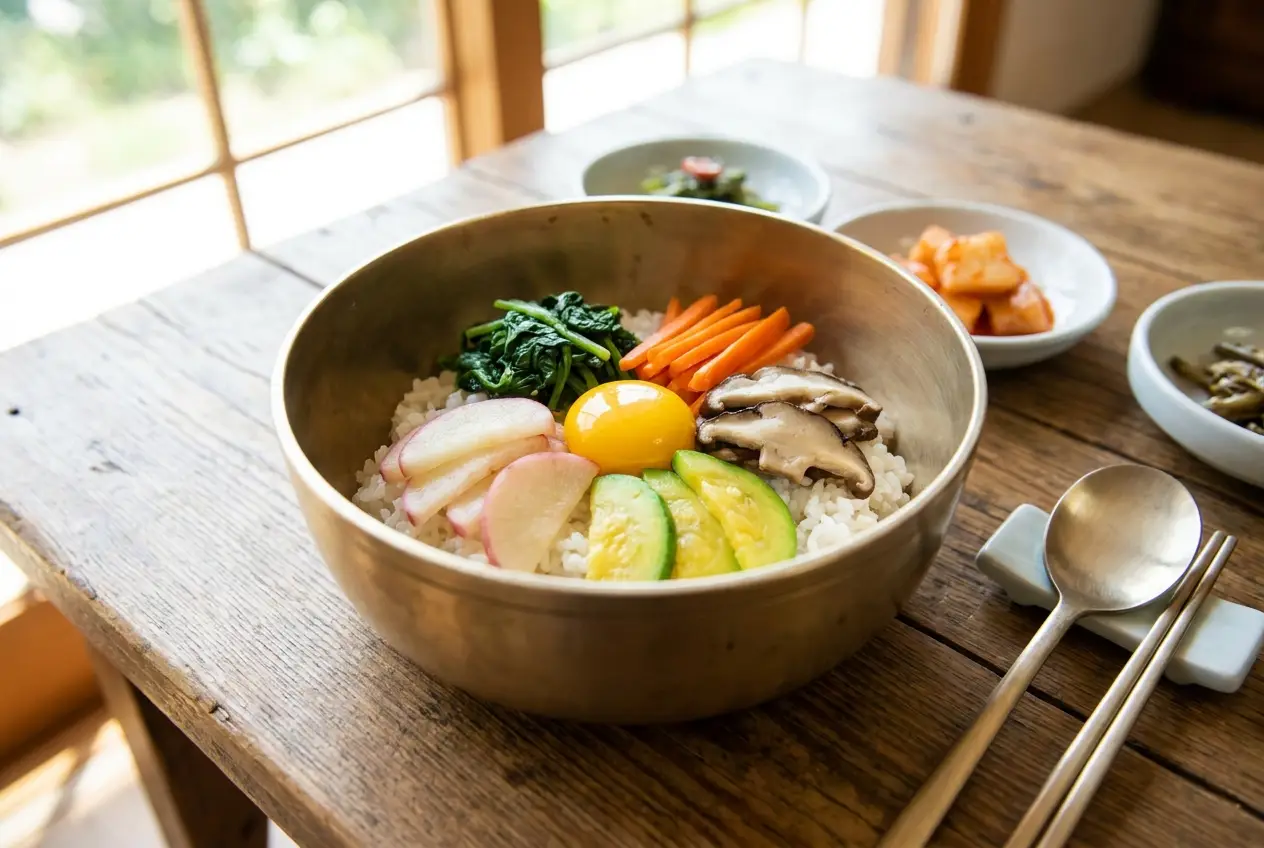 비빔밥 조리 4단계: 색 맞춰 돌려 담기