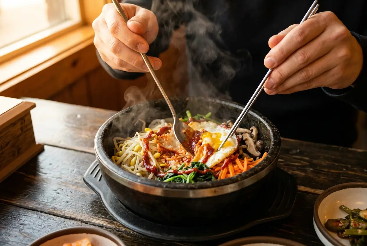 비빔밥 조리 5단계: 약고추장 얹어 비비기