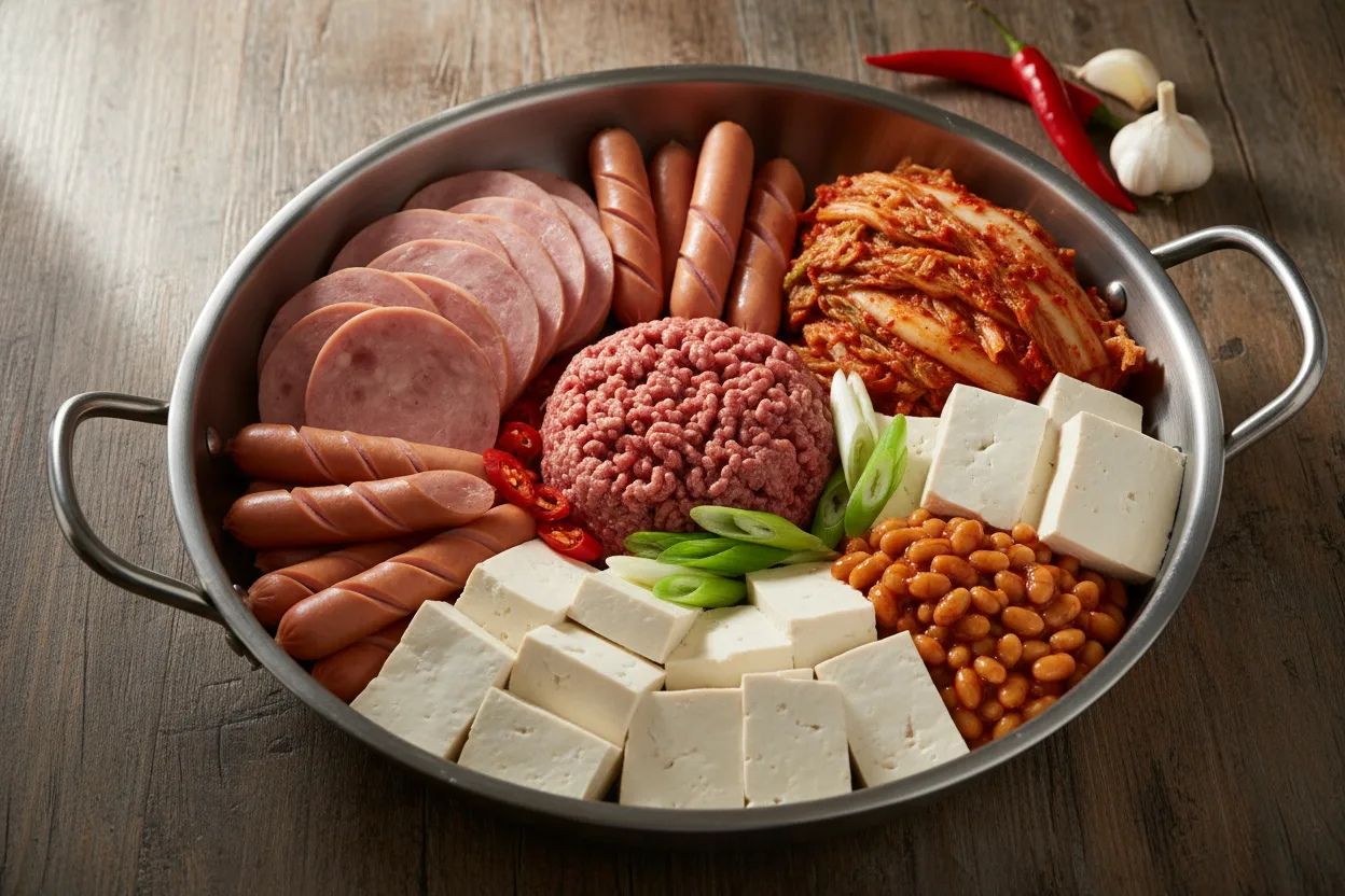 부대찌개 조리 1단계: 재료 돌려 담기