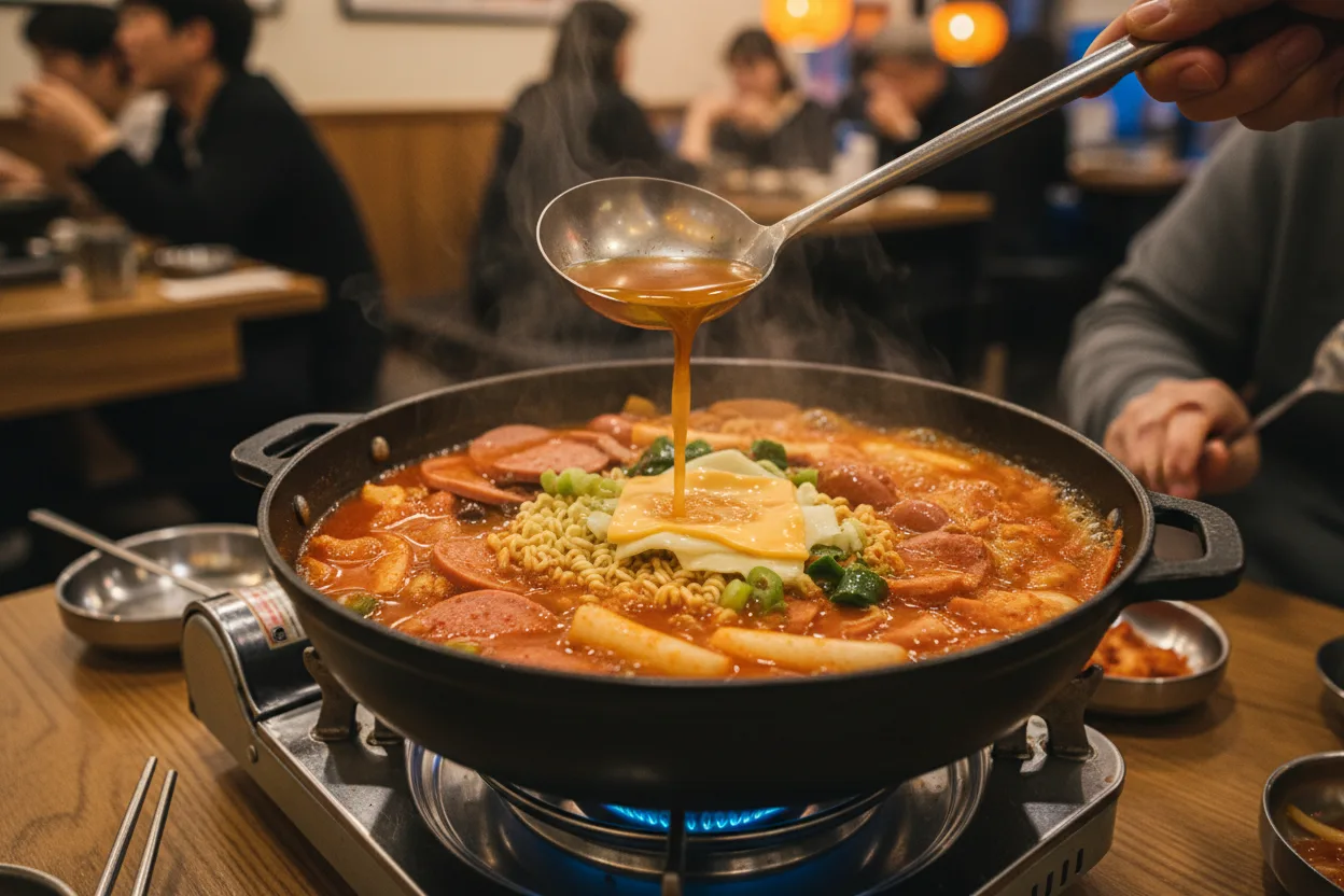 부대찌개 조리 3단계: 육수 붓고 끓이기