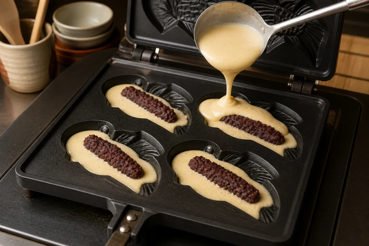 붕어빵 조리 3단계: 반죽과 팥 채우기