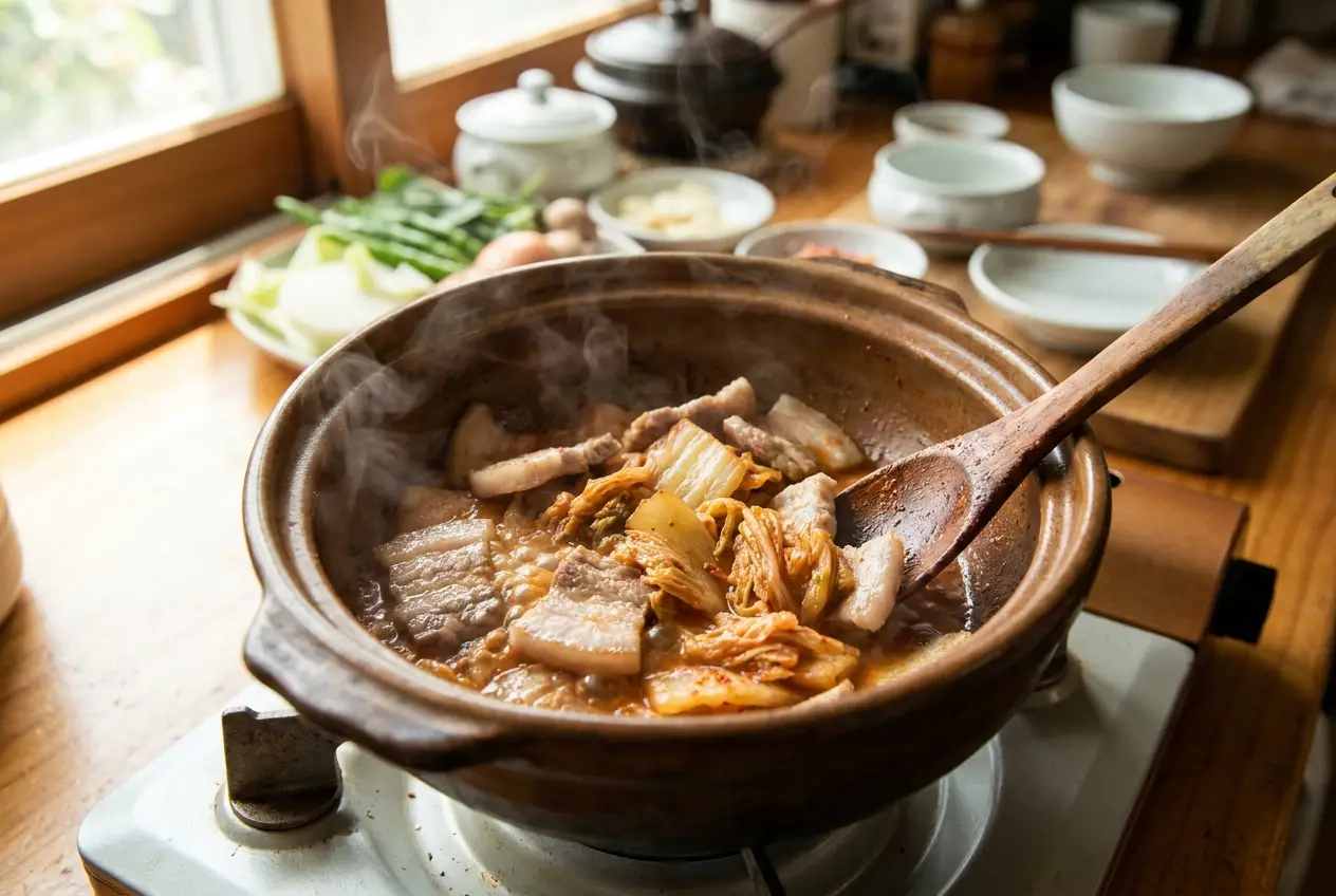 청국장 조리 2단계: 돼지고기와 김치 볶기