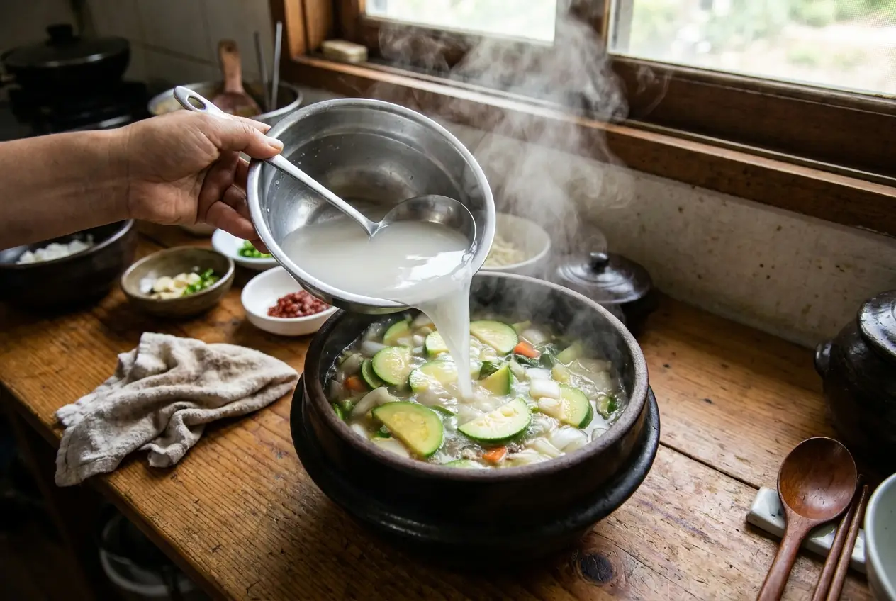 청국장 조리 3단계: 쌀뜨물 붓고 끓이기
