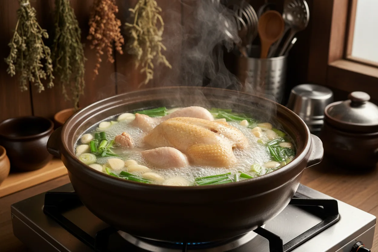초계국수 조리 1단계: 닭 삶기