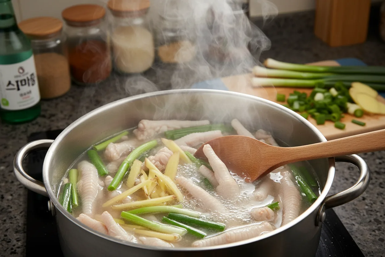 닭발 조리 1단계: 닭발 삶기