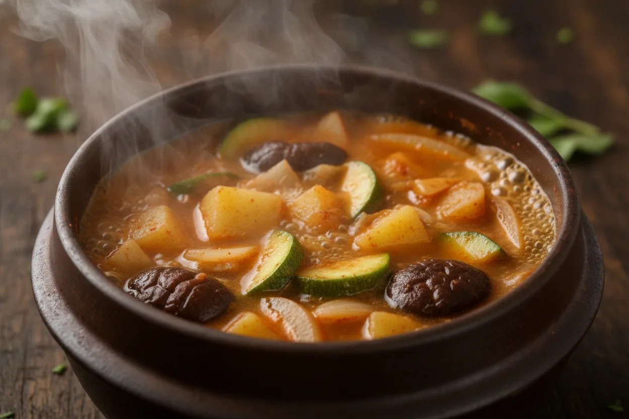 된장찌개 조리 3단계: 단단한 채소부터