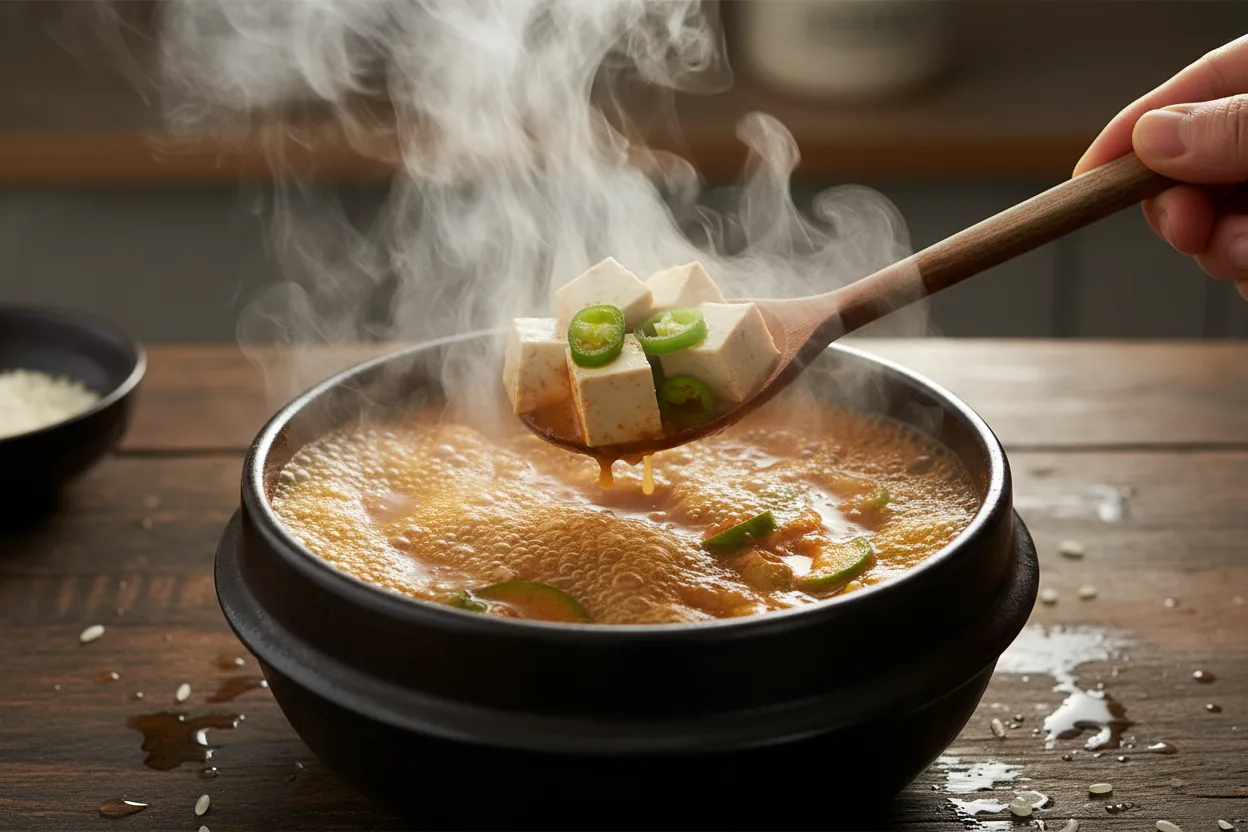 된장찌개 조리 4단계: 두부와 고추 넣기