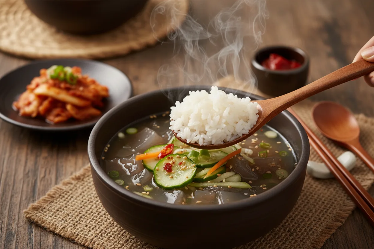 도토리묵밥 조리 5단계: 밥 말아 내기