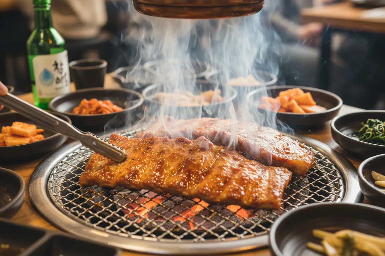 돼지갈비 조리 4단계: 숯불이나 팬에 굽기