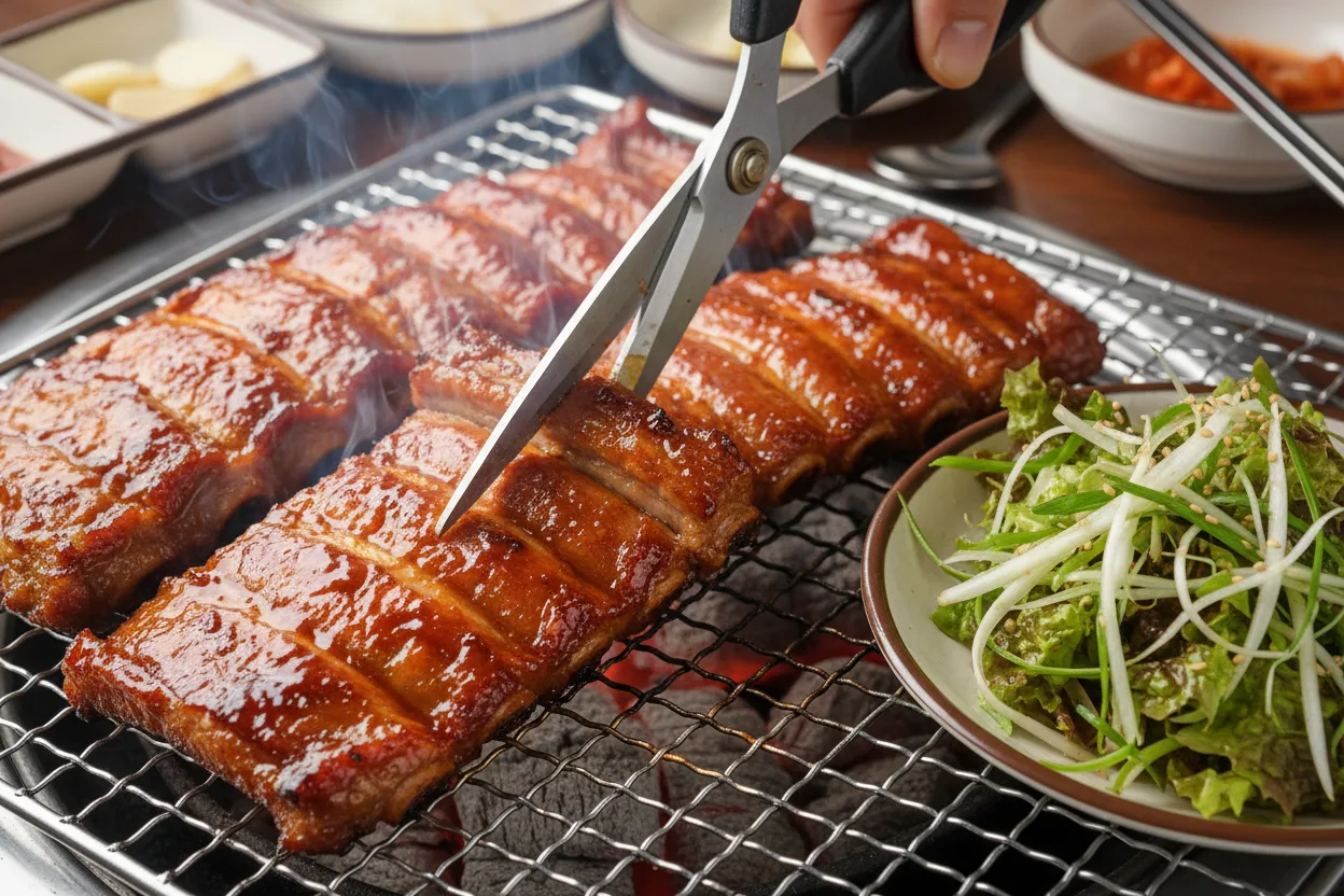 돼지갈비 조리 5단계: 가위로 잘라 뜯기
