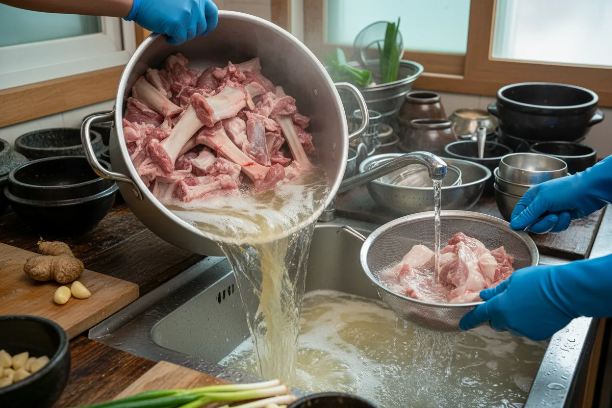 돼지국밥 조리 1단계: 뼈 데치고 씻기