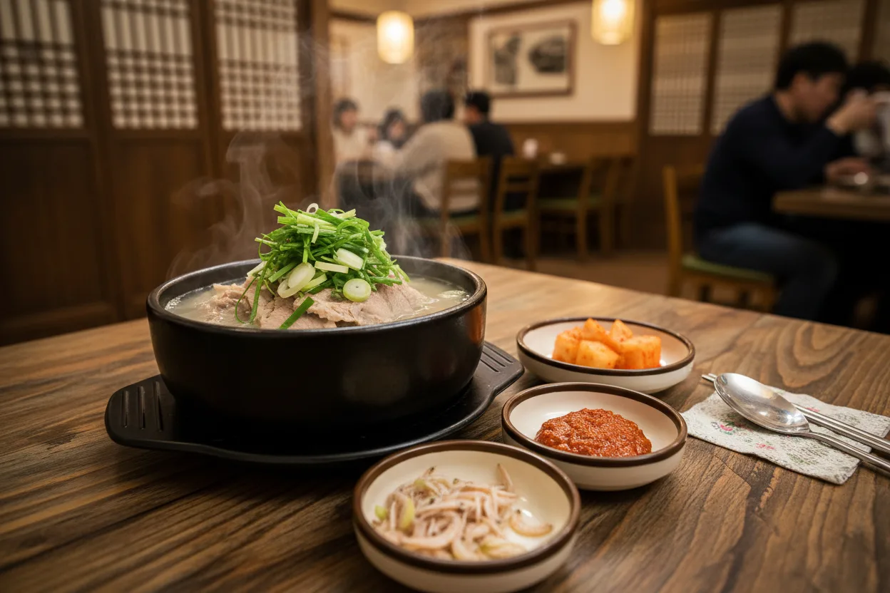 돼지국밥 조리 5단계: 새우젓과 부추로 완성