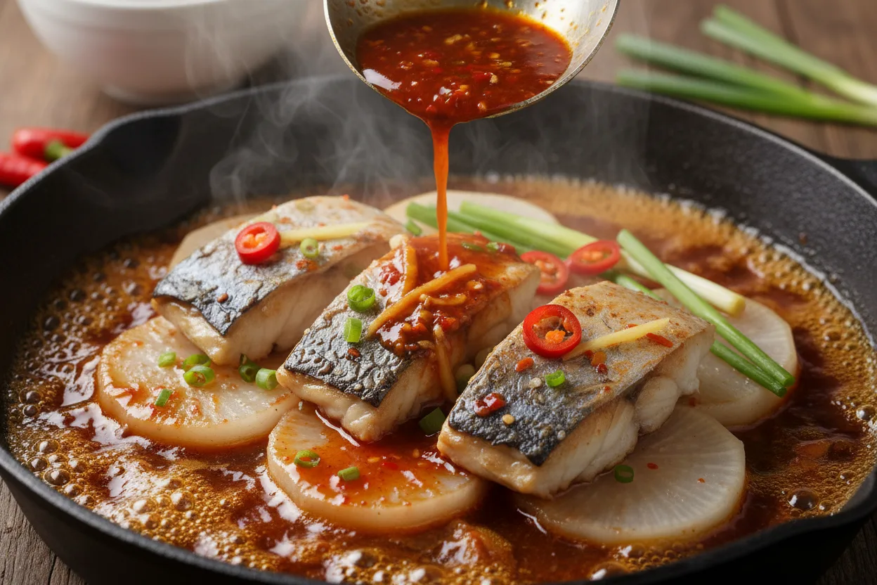 갈치조림 조리 4단계: 갈치 눕혀 조리기