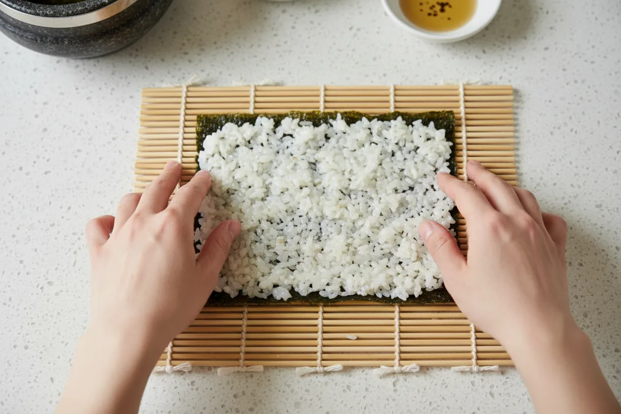 김밥 조리 3단계: 김 위에 밥 펴기
