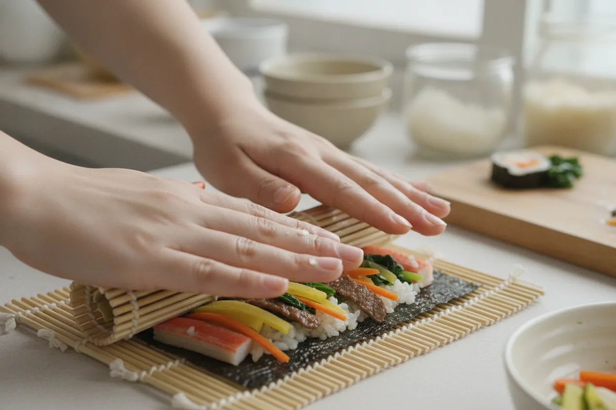 김밥 조리 4단계: 속 얹고 말기