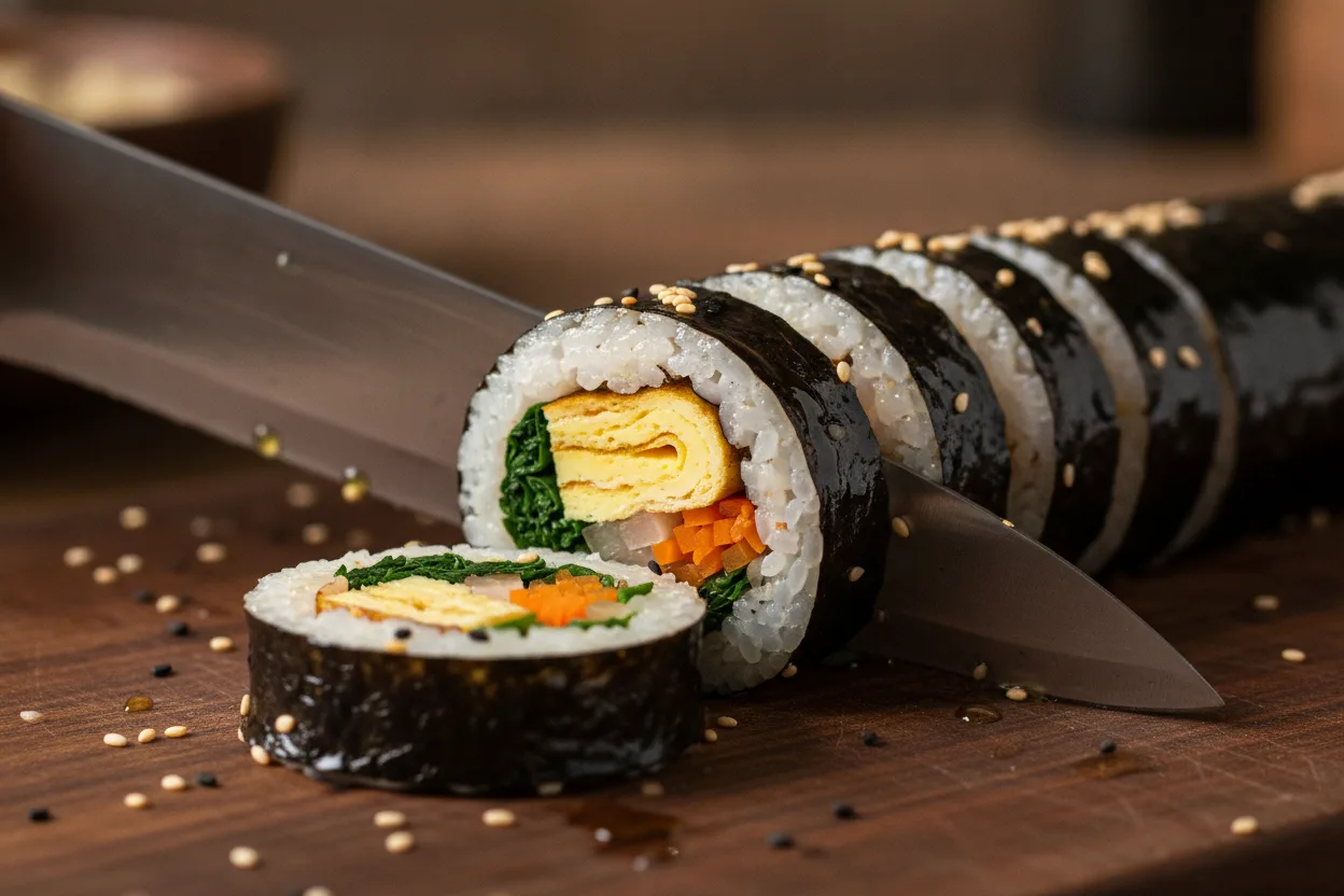 김밥 조리 5단계: 참기름 바르고 썰기