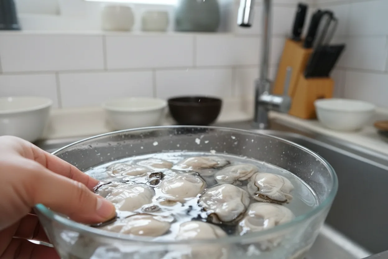 굴밥 조리 1단계: 굴 씻기