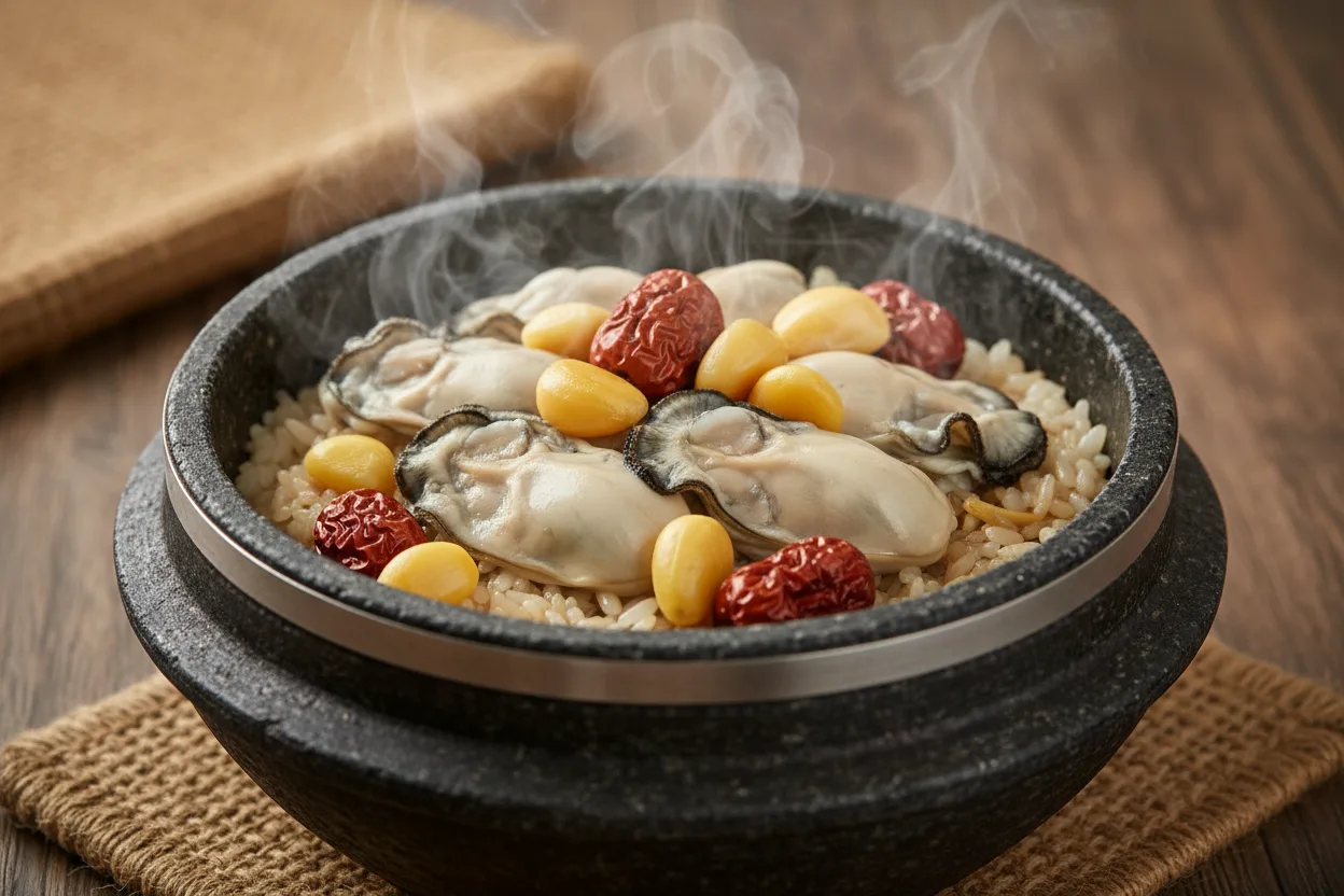 굴밥 조리 4단계: 굴 얹어 뜸 들이기