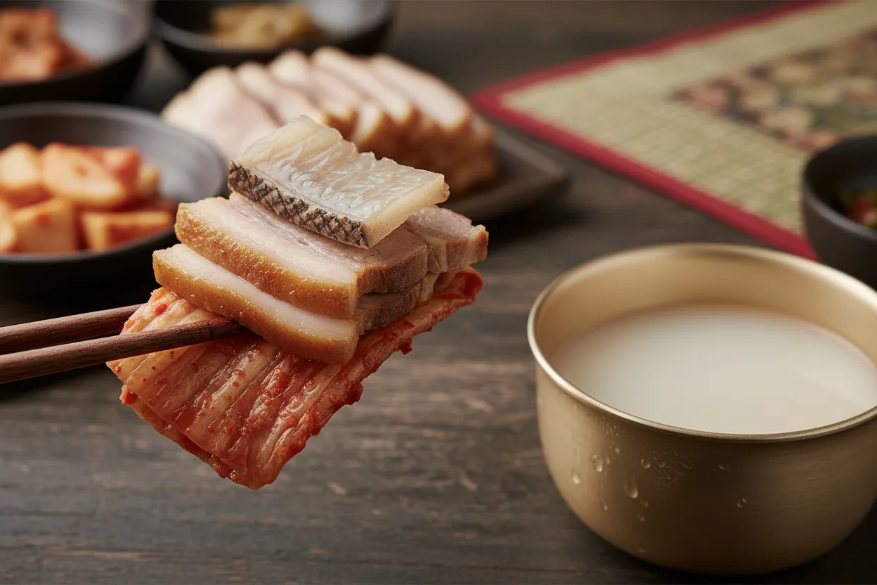 홍어삼합 조리 5단계: 한 점에 쌓아 먹기