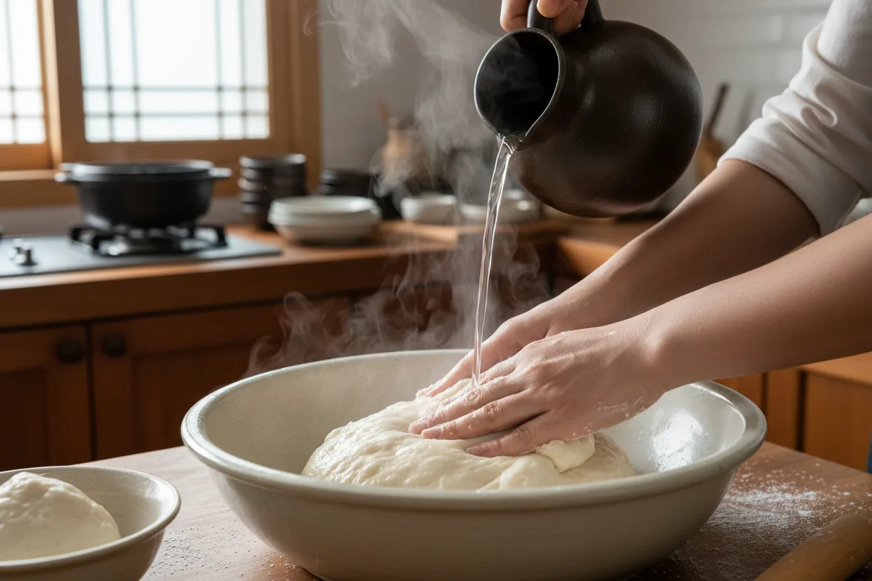 진달래화전 조리 2단계: 익반죽하기