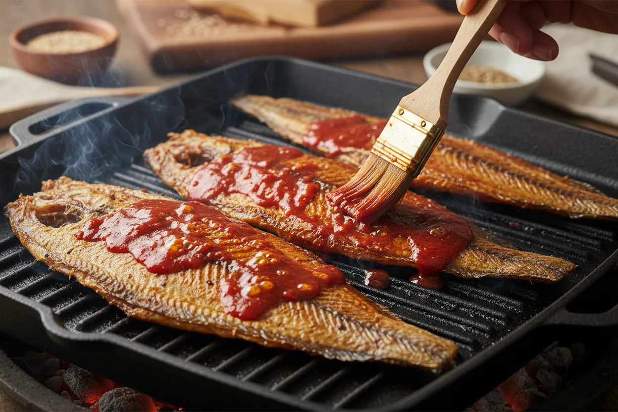 황태구이 조리 4단계: 초벌 굽고 양념 발라 굽기
