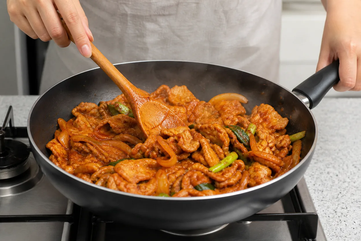 제육볶음 조리 4단계: 채소 넣고 마무리