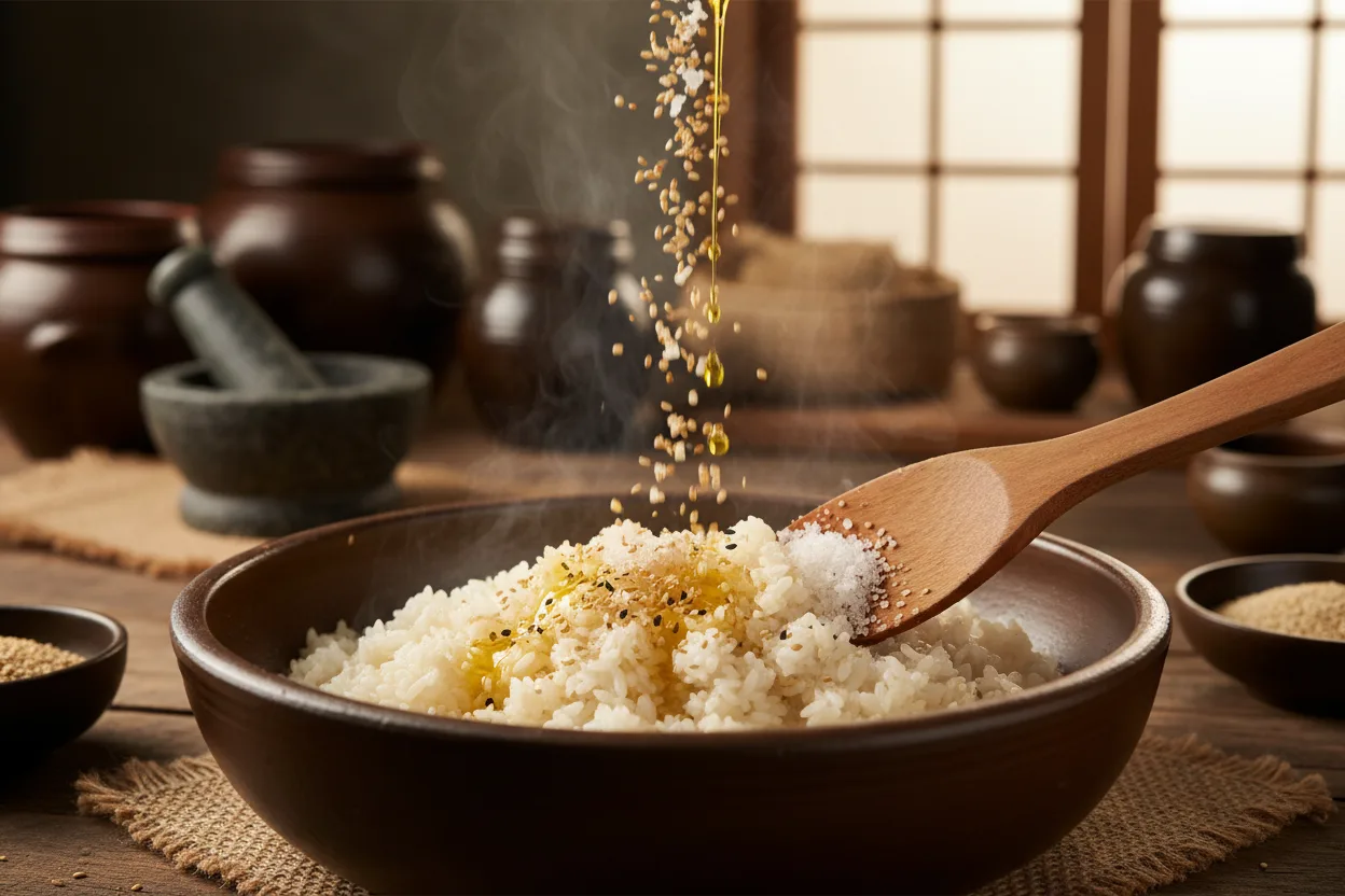 주먹밥 조리 1단계: 밥 밑간하기