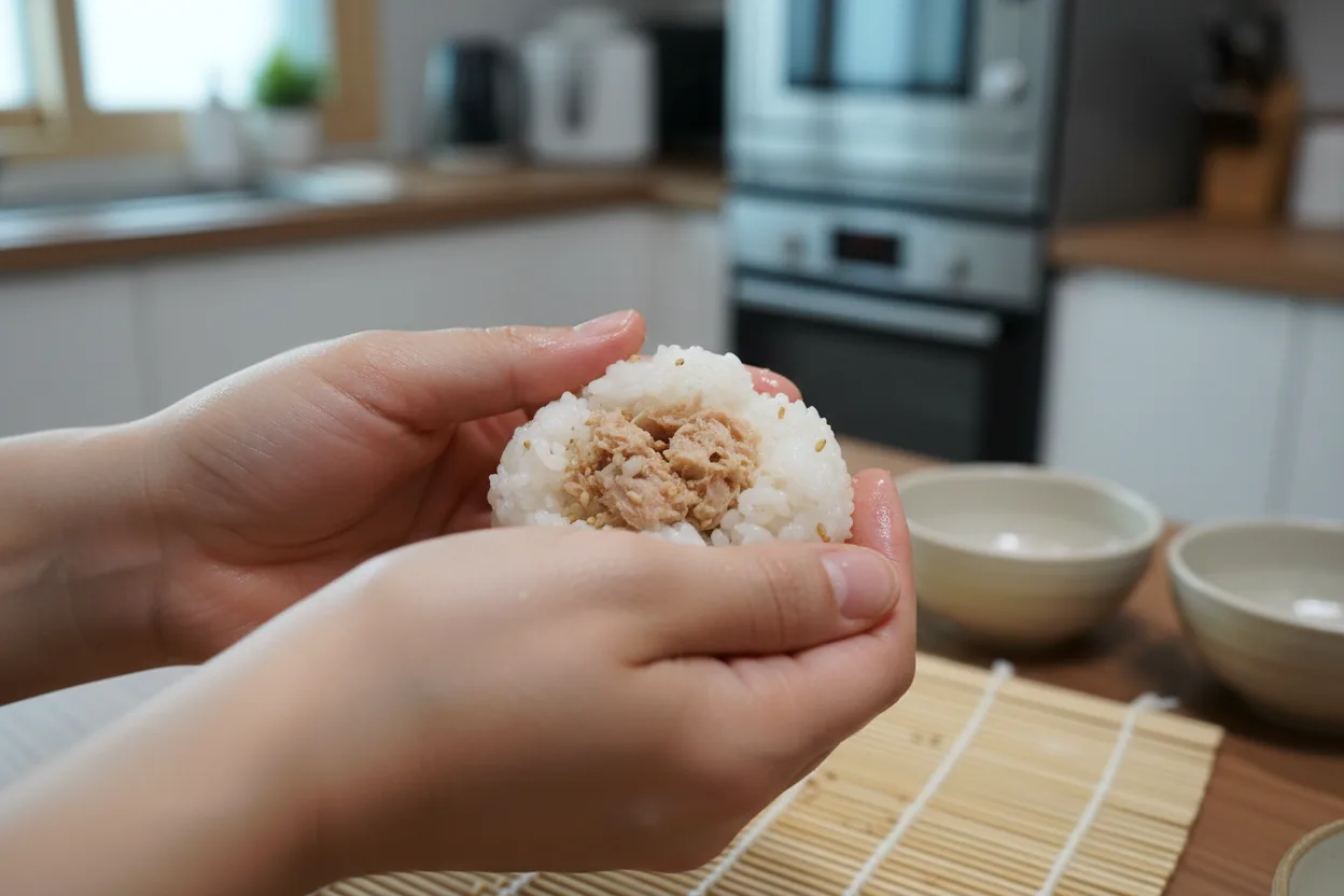 주먹밥 조리 3단계: 속 넣고 뭉치기
