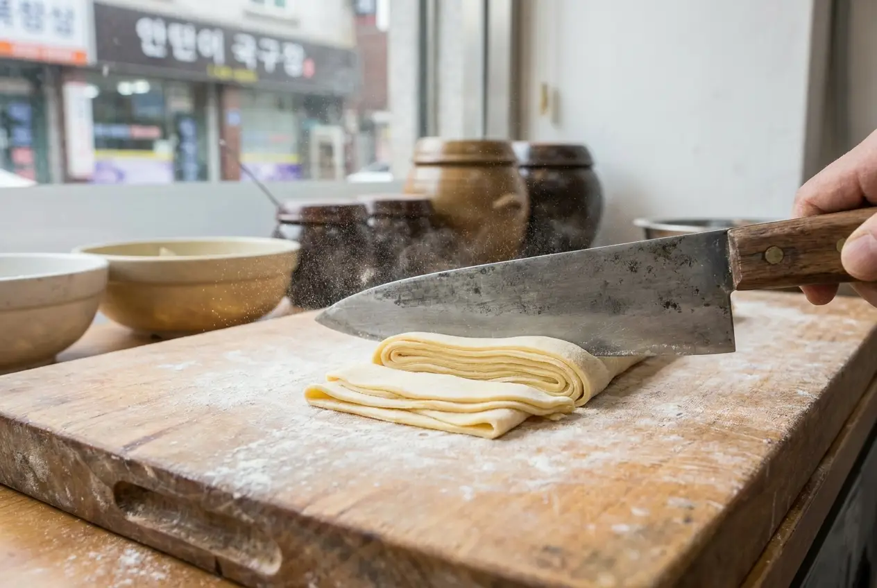 칼국수 조리 3단계: 면 밀고 썰기