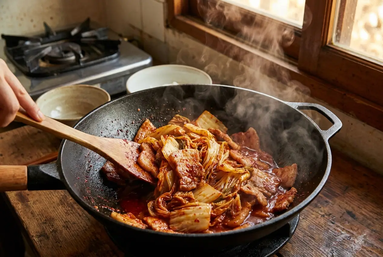 김치찌개 조리 2단계: 고기와 김치 볶기