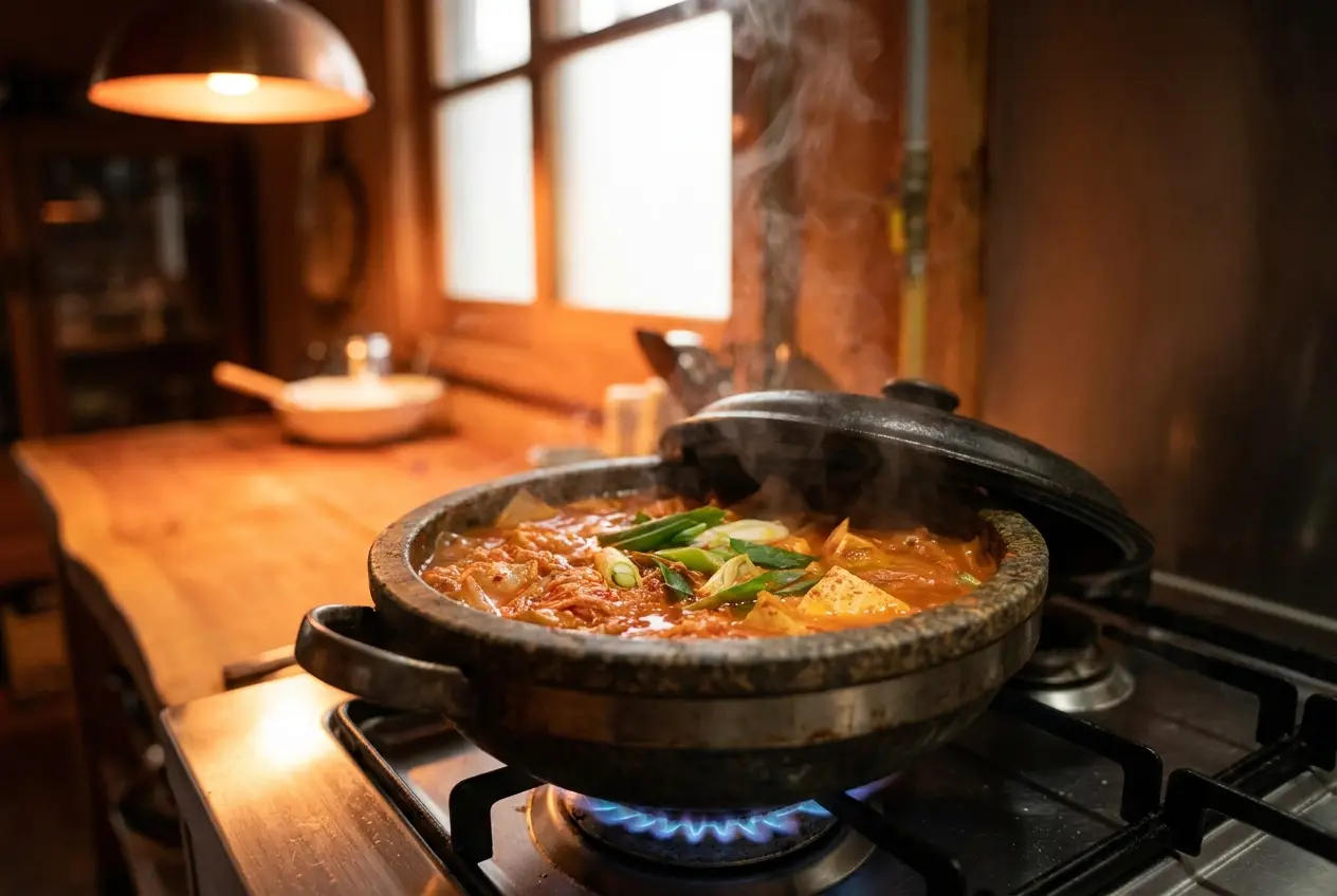 김치찌개 조리 3단계: 국물 붓고 뭉근히 끓이기