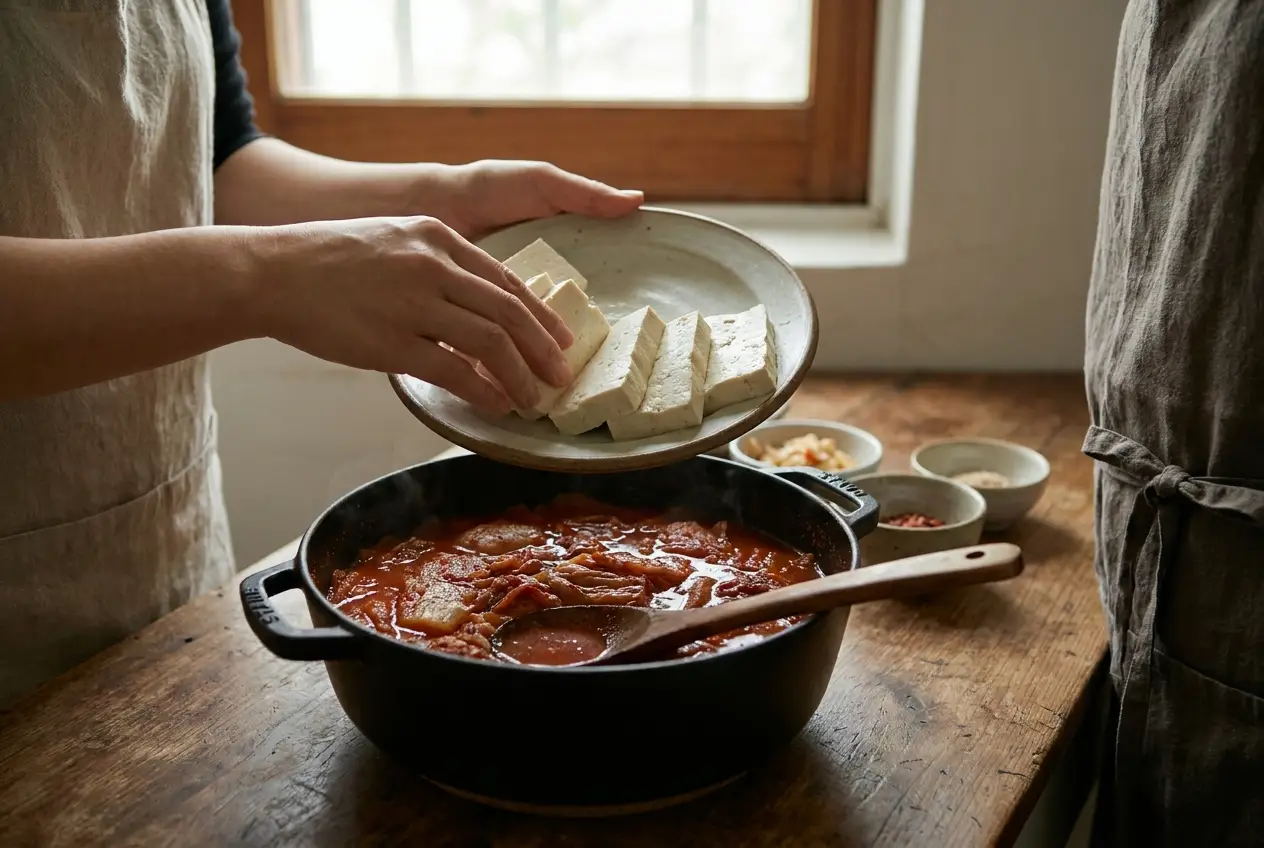 김치찌개 조리 4단계: 간 맞추고 두부 넣기