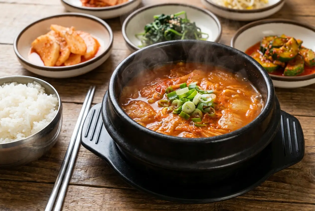 김치찌개 조리 5단계: 대파 올려 마무리
