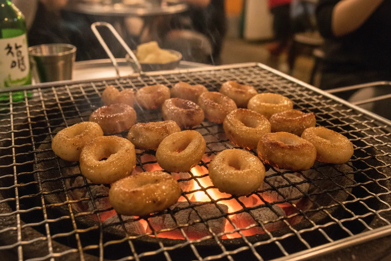 막창구이 조리 4단계: 연탄불에 굽기